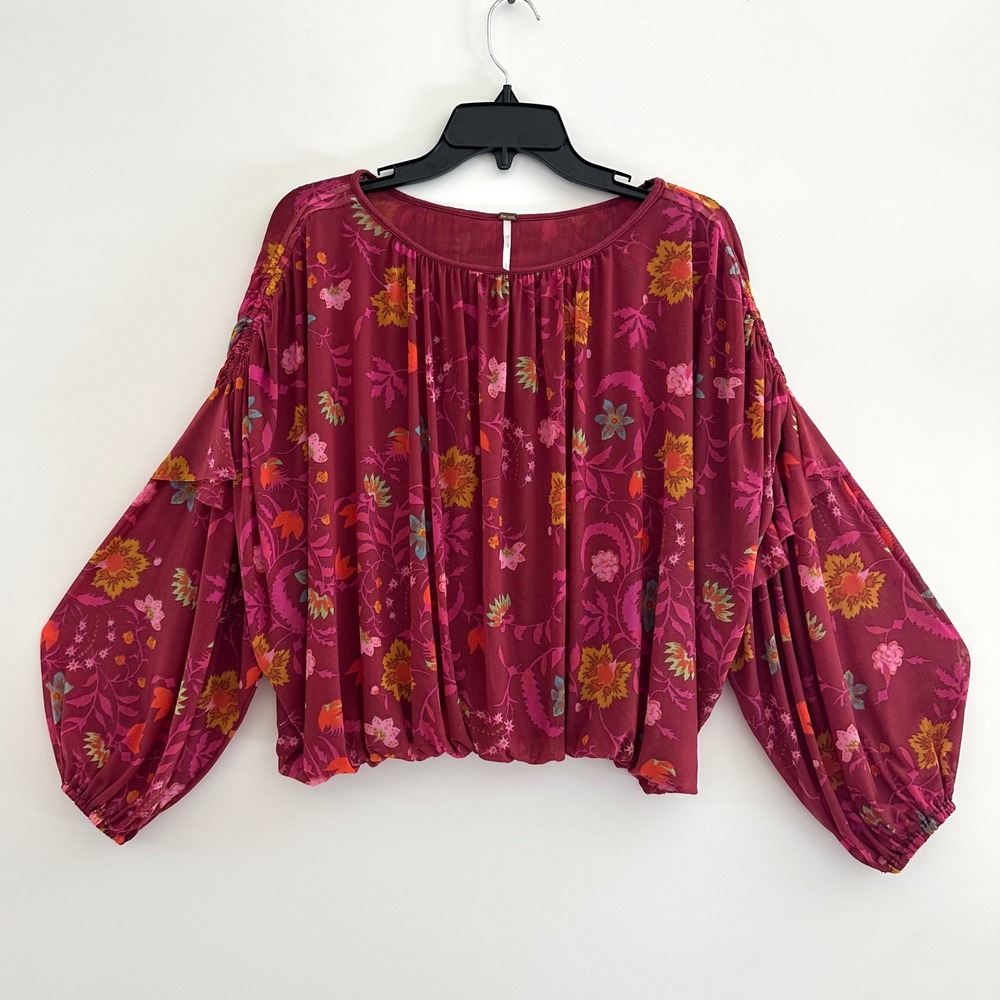 Free People Floral Mesh Balloon Sleeve Top Small Boho Multicolor Blouse Festival